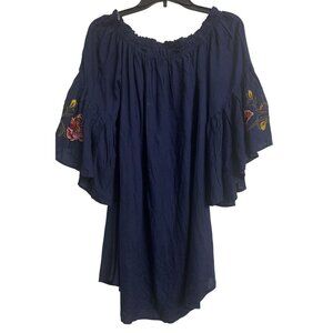 Feathers Boho Floral Embroidered Blue Tunic Blouse Bell Sleeves